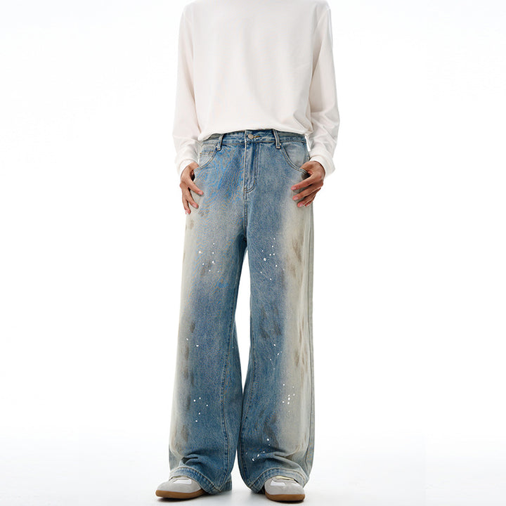 Herren Oversize-Baggy-Denim-Jeans mit künstlerischem Farb-Splatter und weitem Saum Echo Archiv