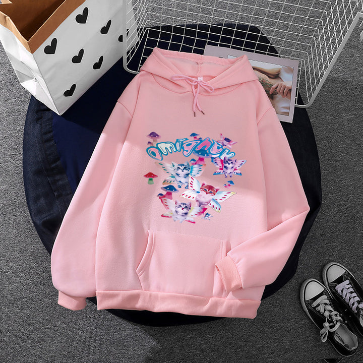 Damen Kapuzenpullover mit verspieltem Katzen‑Schmetterlings-Print und Kängurutasche – Auréline