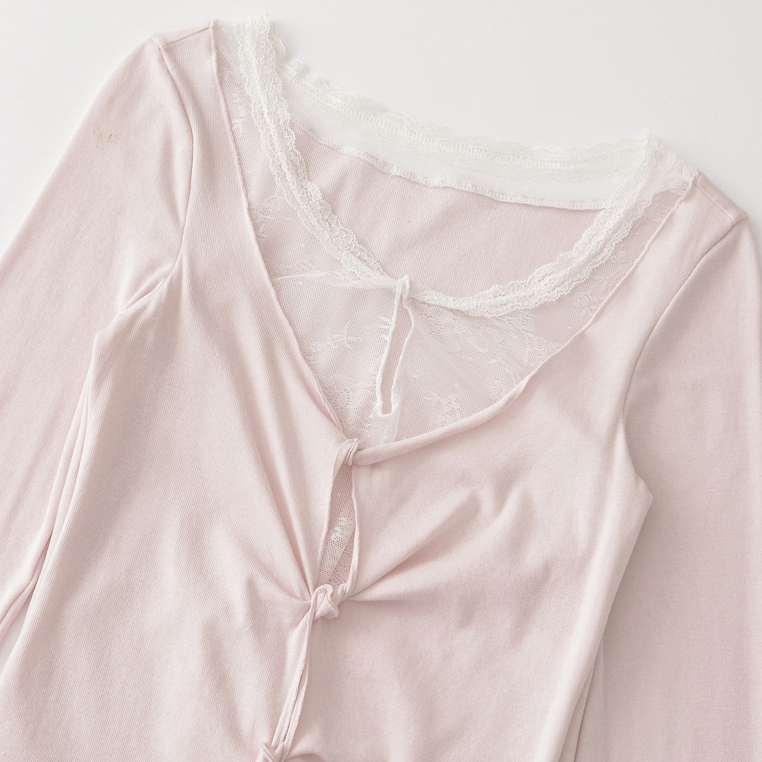 Damen Langarm-Feinjersey-Top mit Spitzen-Einsatz, Knotenfront und Raffung Echoarchiv