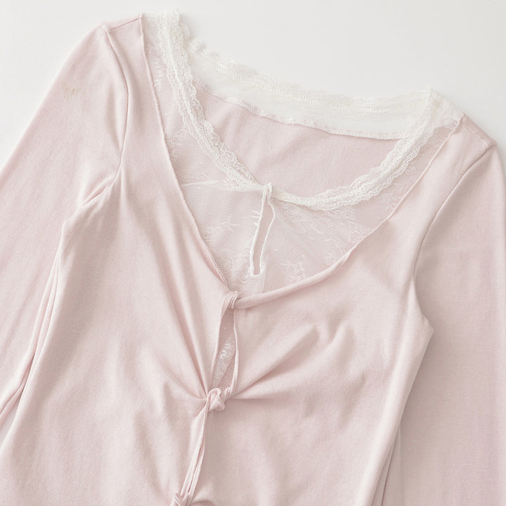 Damen Langarm-Feinjersey-Top mit Spitzen-Einsatz, Knotenfront und Raffung Echoarchiv