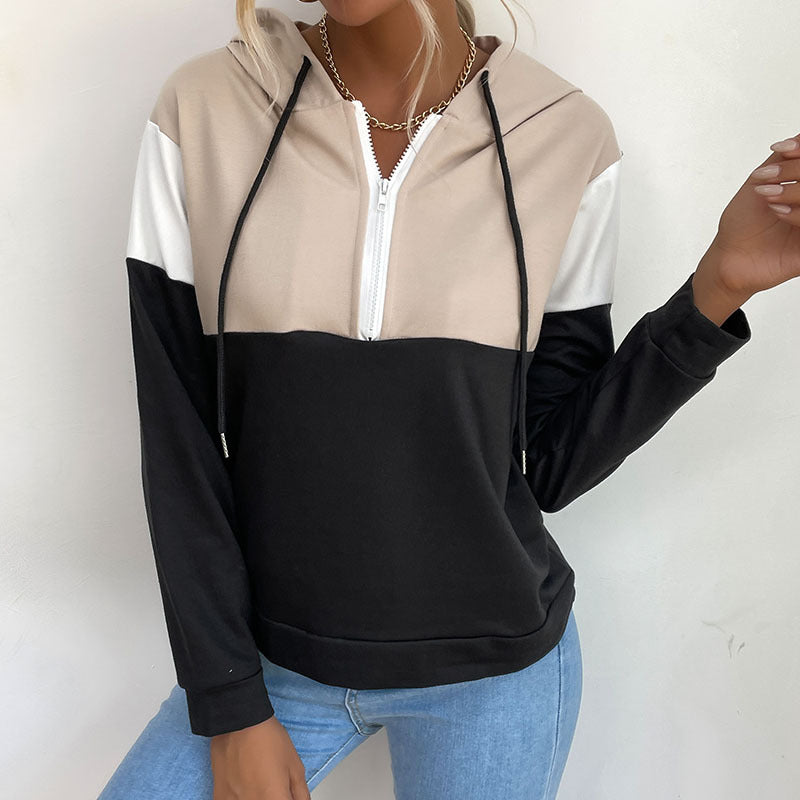 Damen Kapuzenpullover mit halbem Reißverschluss, Colorblock‑Design und Tunnelzug Echoarchiv
