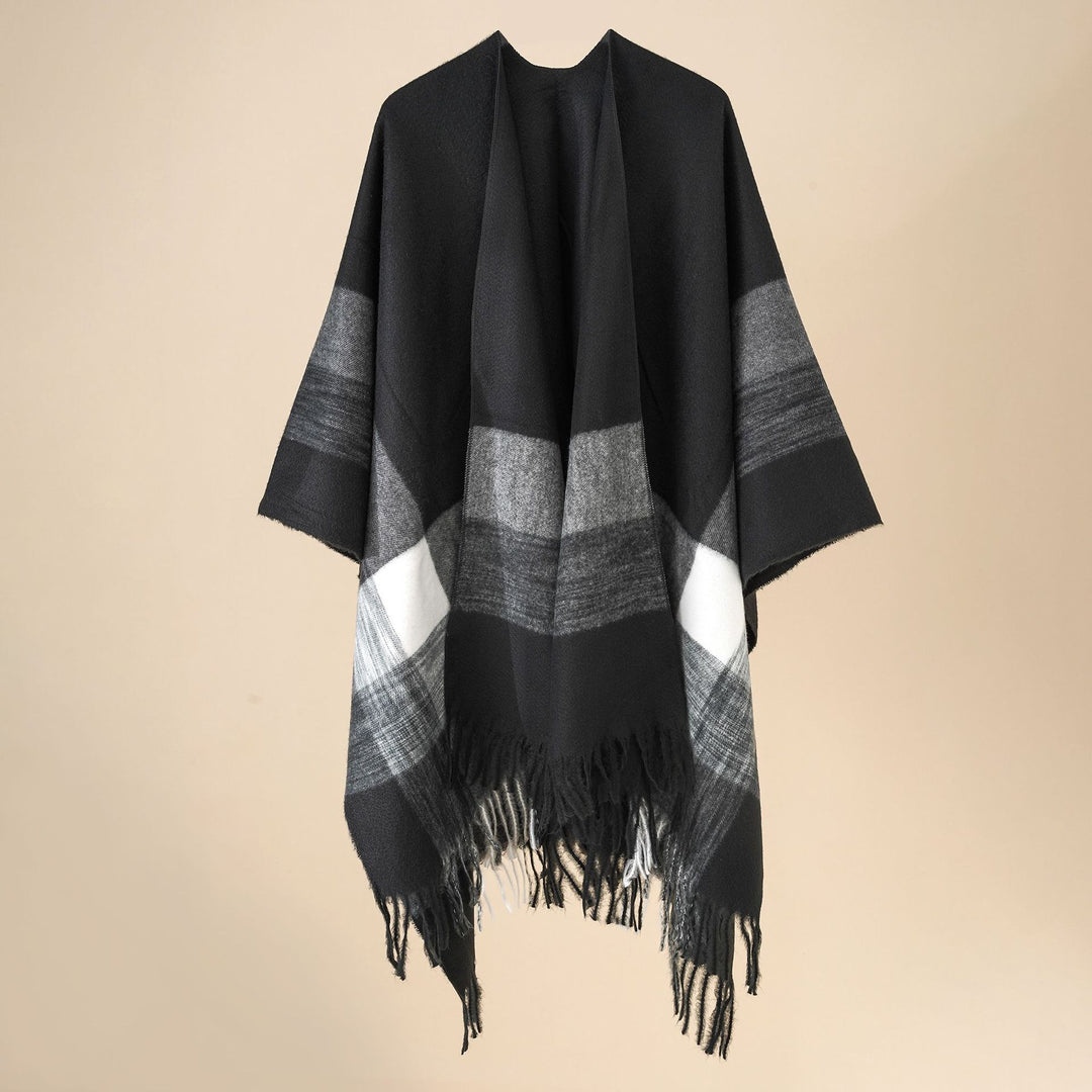 Damen Wollmix-Poncho mit Karomuster und Fransen Echo Archiv