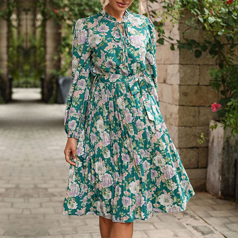 Damen Plissiertes Midikleid mit Stehkragen-Schleife, Puffärmeln und abnehmbarem Perlengürtel – Élara