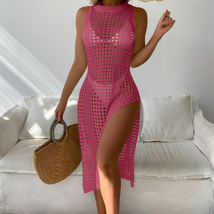 Damen luftiges Häkel-Strandkleid mit hohem Schlitz und transparenter Struktur Echo Archiv