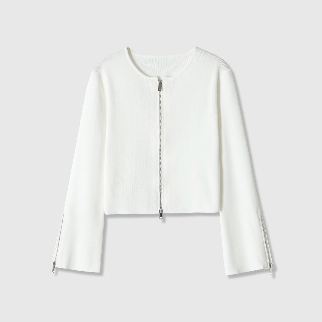 Damen Kurzgeschnittene Feinstrick-Jacke mit Zwei-Wege-Reißverschluss und Ärmelzipper Echoarchiv