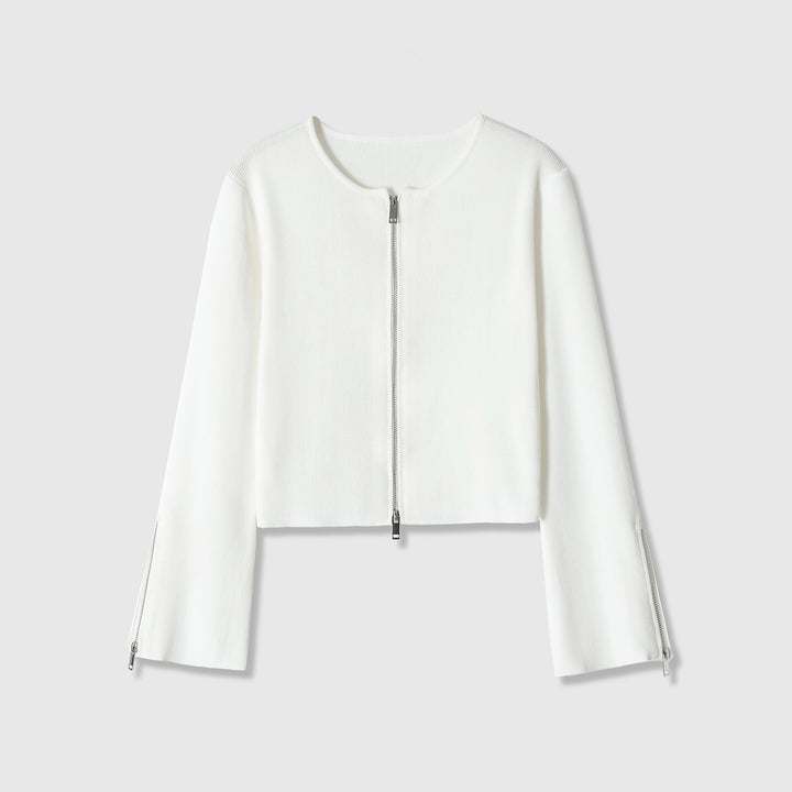 Damen Kurzgeschnittene Feinstrick-Jacke mit Zwei-Wege-Reißverschluss und Ärmelzipper Echoarchiv