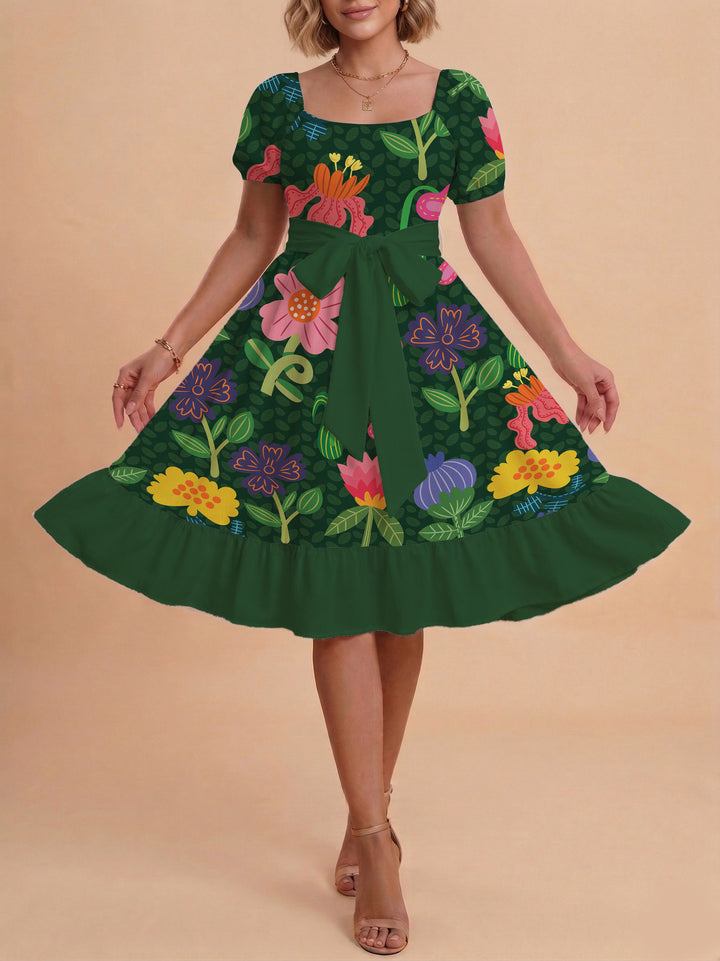 Damen Blumenkleid mit taillierbarem Gürtel und voluminösen Ärmeln Echo Archiv