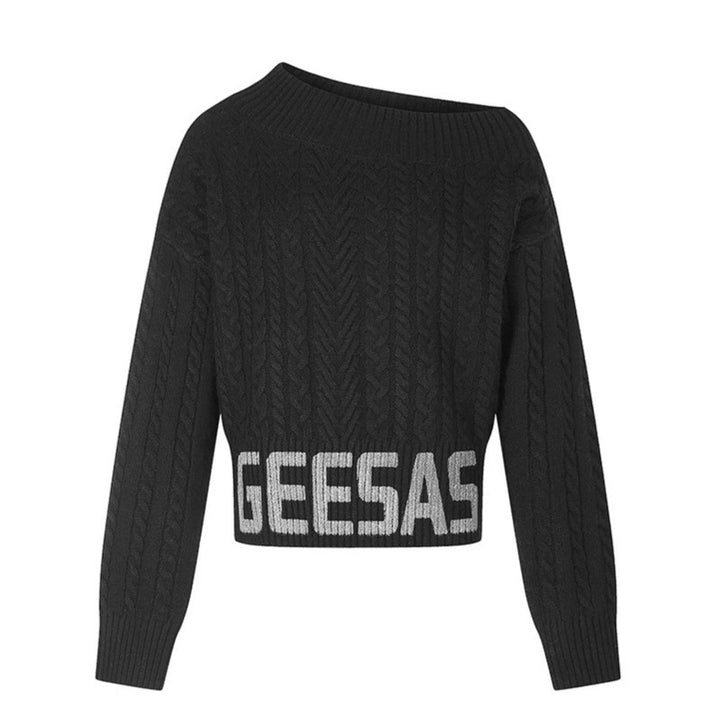 Damen Kurzer Zopfstrick-Pullover mit weitem Boat-Ausschnitt und markantem Logobund Echoarchiv