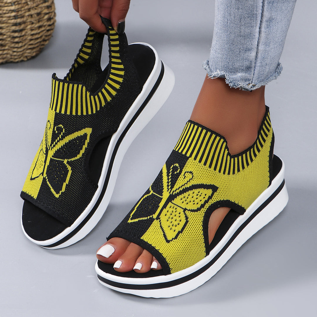 Damen Strick-Sandaletten mit Keilsohle und Schmetterlings-Motiv – Sorelia