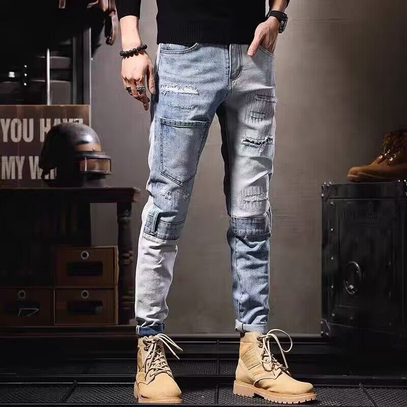 Herren Modische Ripped Denim Jeans mit einzigartigen Patches Echoarchiv
