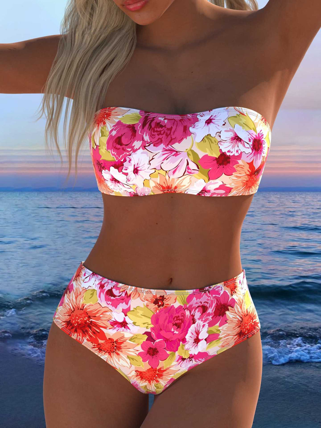 Damen Bandeau Bikini-Set mit tierischem Muster und hohem Taillenbund Echo Archiv