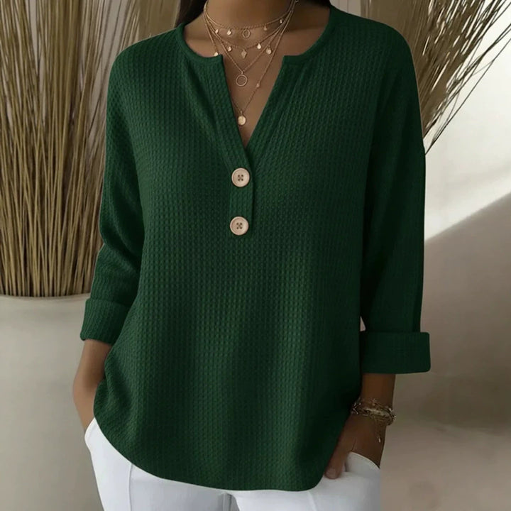 Damen Waffelstruktur Henley-Shirt mit V-Ausschnitt kurze Knopfleiste und krempelbaren 3/4-Ärmeln – Avérine