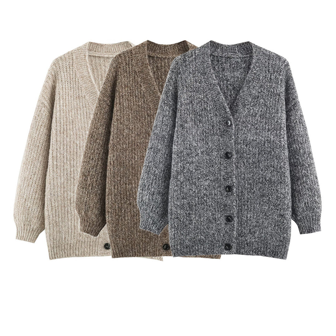Damen Oversized Grobstrick-Cardigan mit tiefem V-Ausschnitt, Rippenstruktur und Ballonärmeln Echoarchiv
