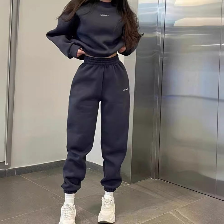 Damen nan Oversized kurz geschnittenes Sweatshirt mit High Waist Fleece Jogginghose Set Echo Archiv