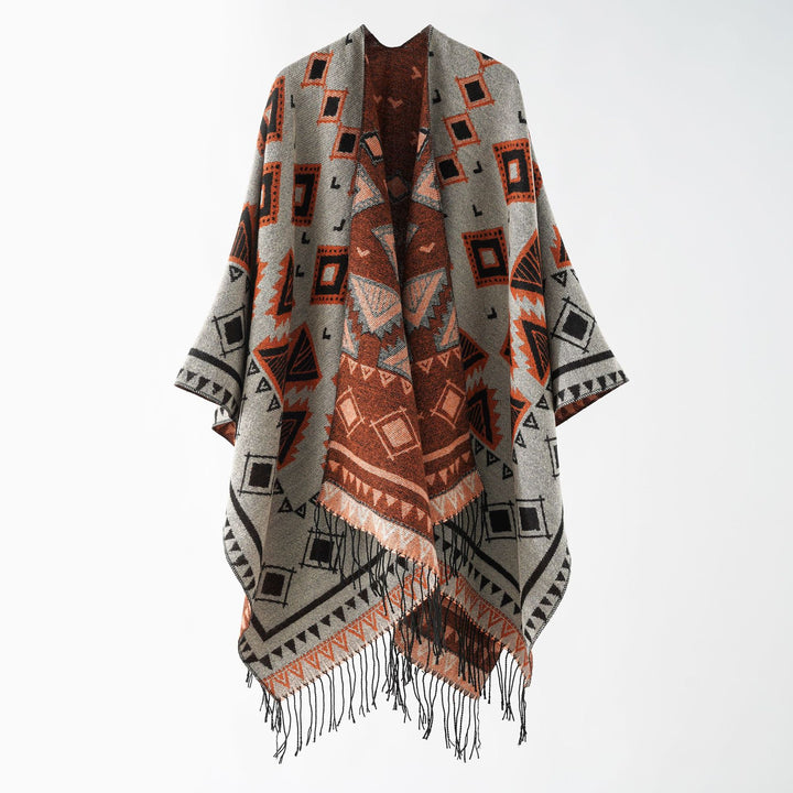 Damen Weichfallender Jacquard-Umhang im Ruana-Stil mit Fransen Echo Archiv