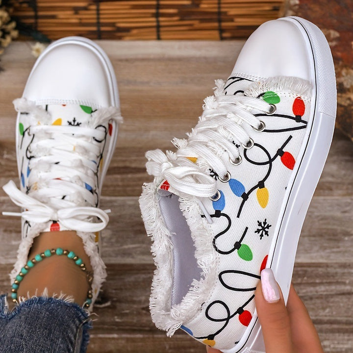 Damen Leinensneaker mit buntem Lichterketten-Print und fransigem Schaft Echo Archiv