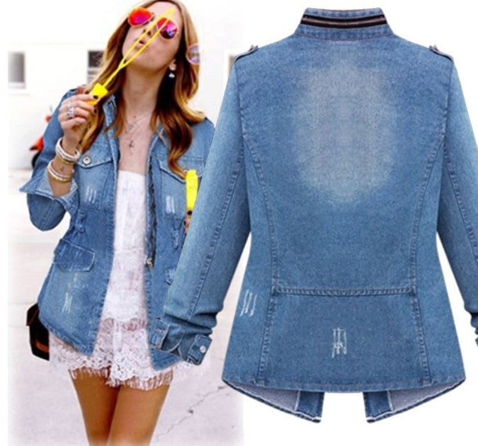 Damen modische Jeansjacke im Used-Look mit verstellbarem Kragen und trendigen Details Echo Archiv