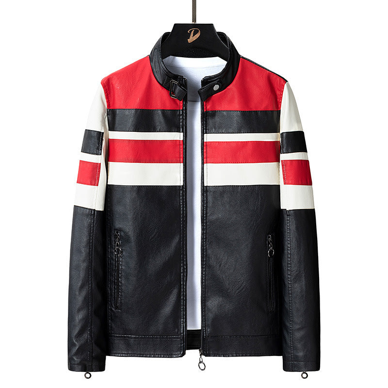 Herren Retro‑Racer Kunstlederblouson mit Stehkragen, kontrastierenden Streifen und Zwei‑Wege‑Reißverschluss Echo Archiv