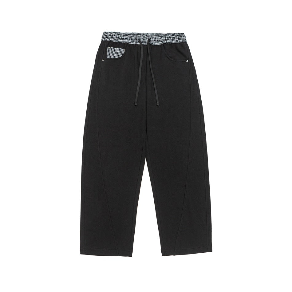 Damen Leichte Sweatpants mit hohem Gummibund, Karomusterbesatz und weitem Cropped Schnitt Echoarchiv