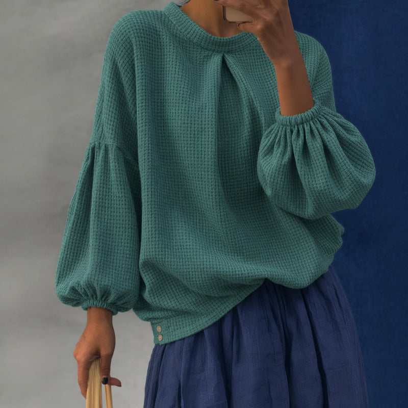 Damen Oversize Waffelstrickpullover mit Ballonärmeln und Kellerfalte Echoarchiv