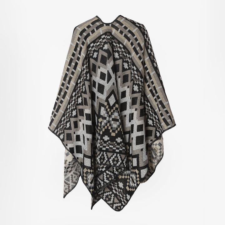 Damen Großflächiger Jacquard-Capeponcho mit geometrisch-ethnischem Muster und kastiger Silhouette – Avérine