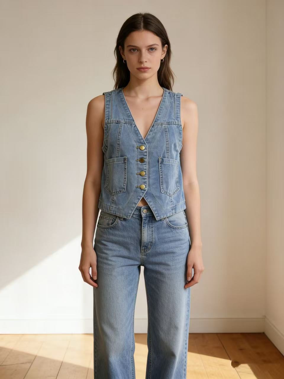 Damen lässige Denim-Weste mit Knopfdetails und aufgesetzten Taschen Echo Archiv