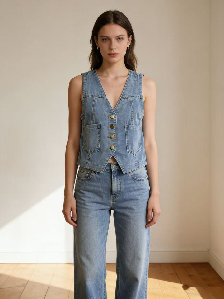 Damen lässige Denim-Weste mit Knopfdetails und aufgesetzten Taschen Echo Archiv