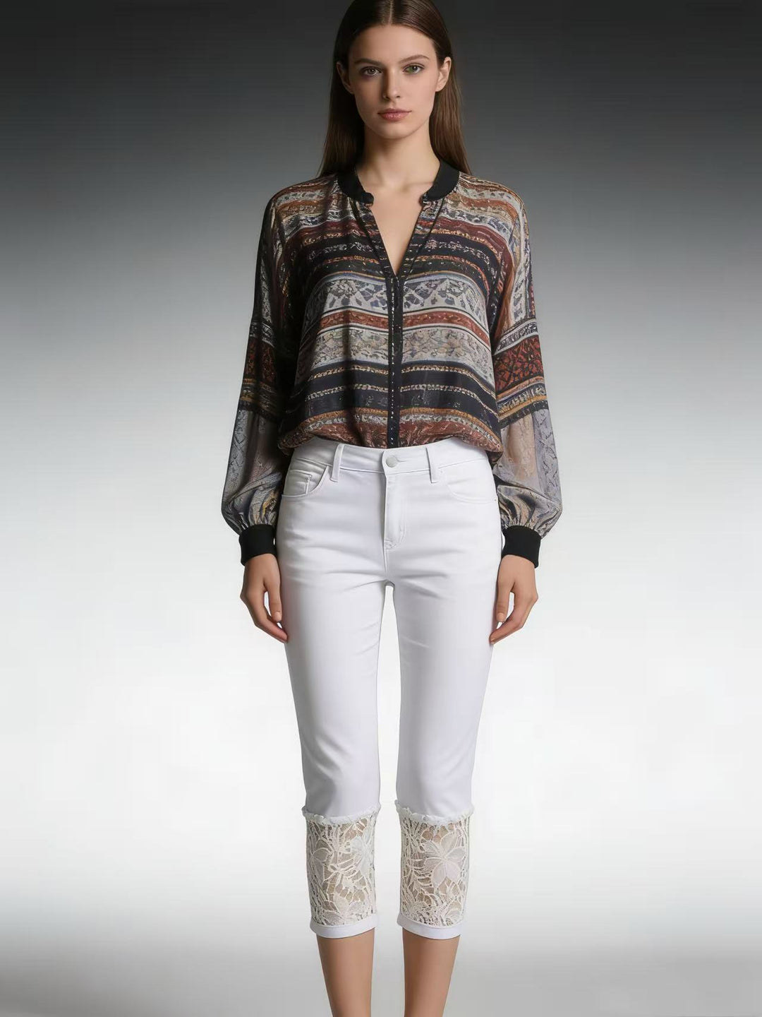 Damen Jeans mit romantischem Spitzeneinsatz und hohem Bund Echo Archiv