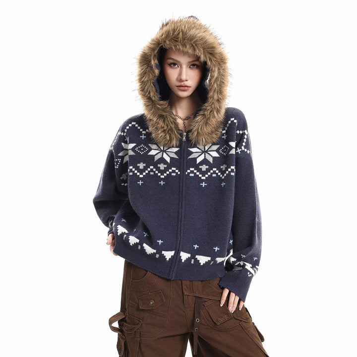 Damen Kapuzensweatjacke mit Kunstfell Kragen und Norweger-Muster Echoarchiv