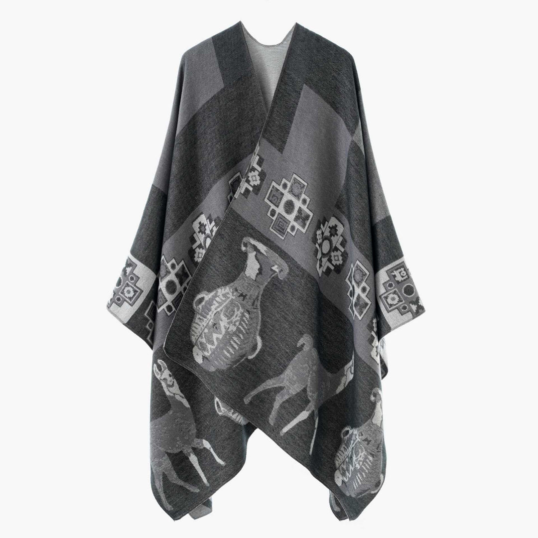 Damen Cape-Überwurf aus Jacquard-Strick mit Tier- und Ethno-Motiv Echo Archiv