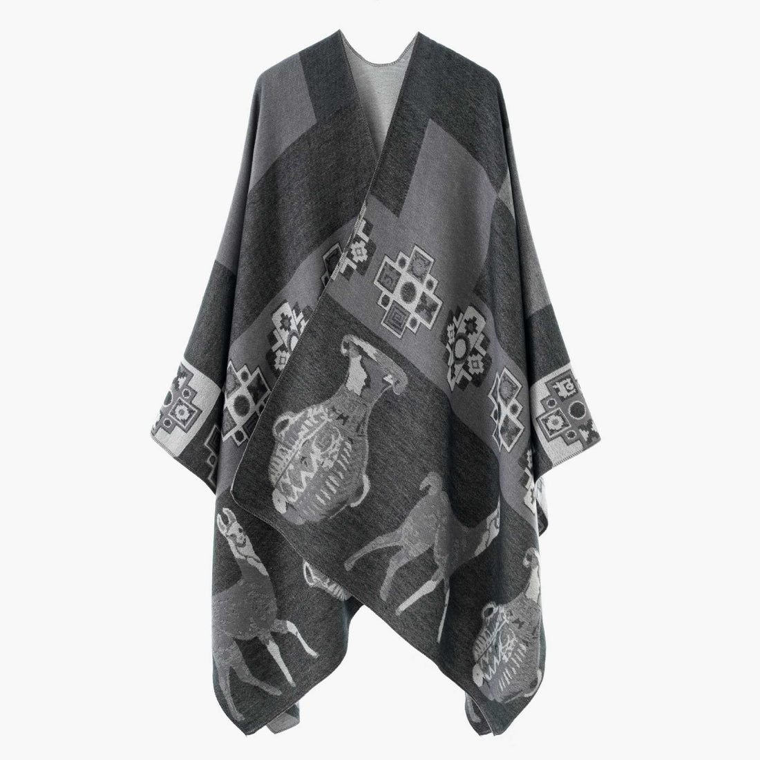 Damen Cape-Überwurf aus Jacquard-Strick mit Tier- und Ethno-Motiv – Montévia