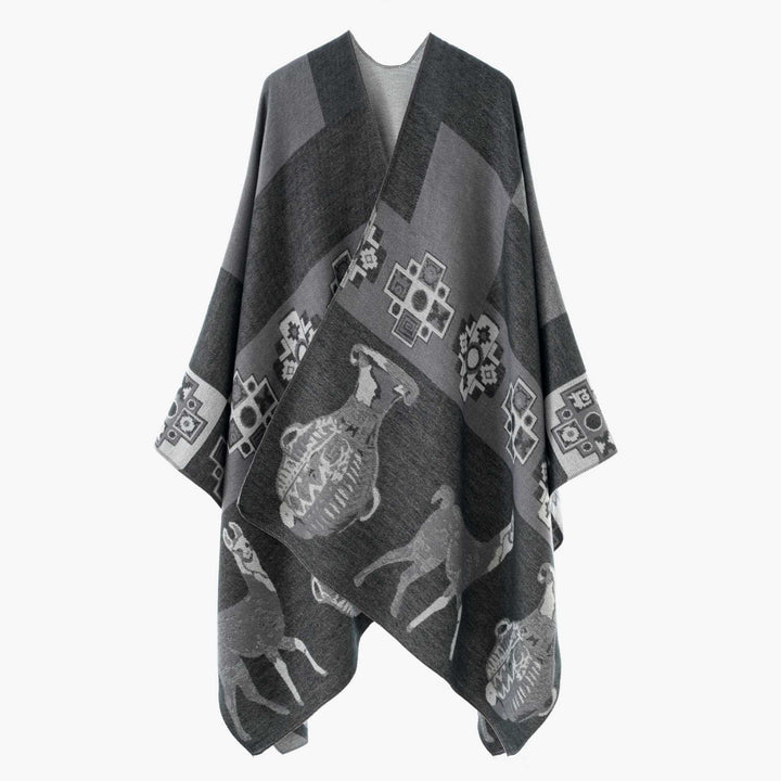 Damen Cape-Überwurf aus Jacquard-Strick mit Tier- und Ethno-Motiv Echo Archiv