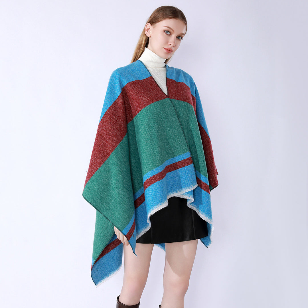 Damen Leichter Capeponcho aus Feinstrick mit geometrischem Blockstreifen-Design – Célinea
