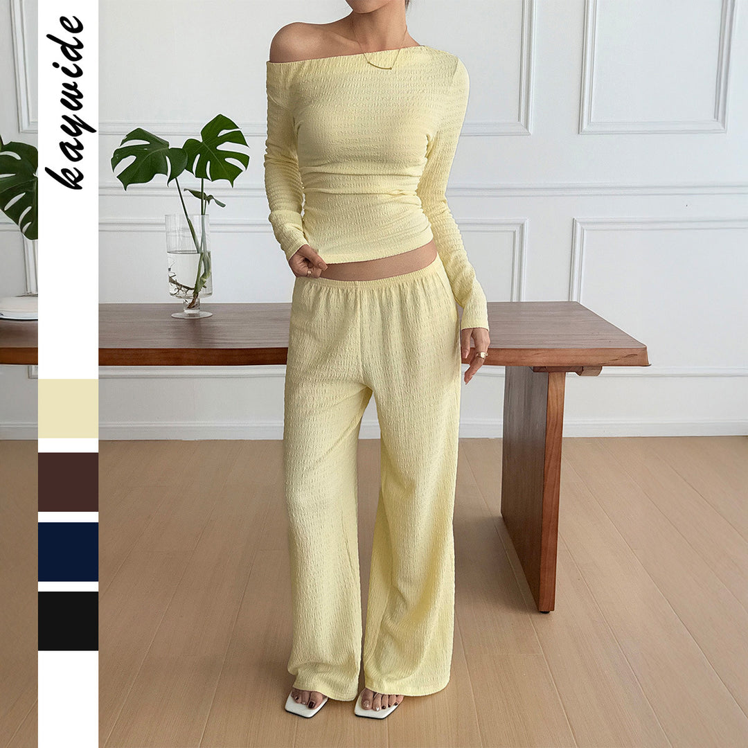Damen nan legeres Crinkle-Lounge-Set mit Off-Shoulder Crop-Top und weiten High-Waist Palazzohose Echo Archiv