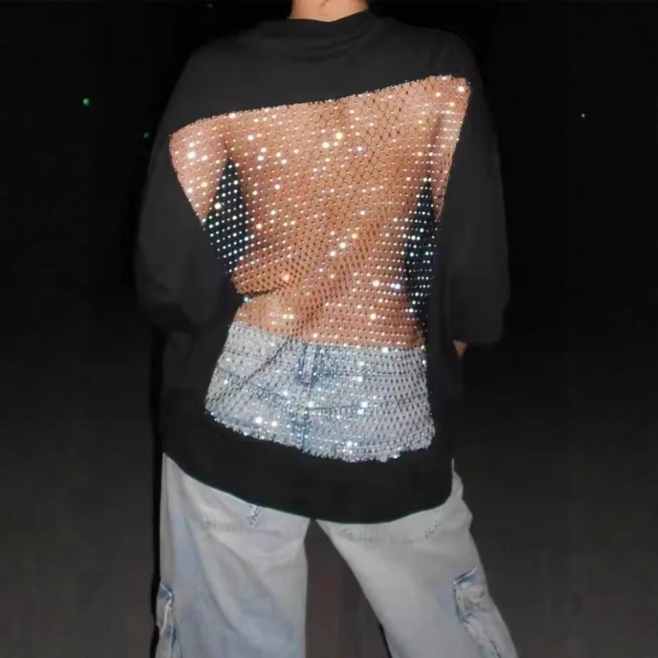 Damen nan Oversize-T-Shirt mit transparentem Netzrücken, Strassbesatz und Jeans-Print Echo Archiv