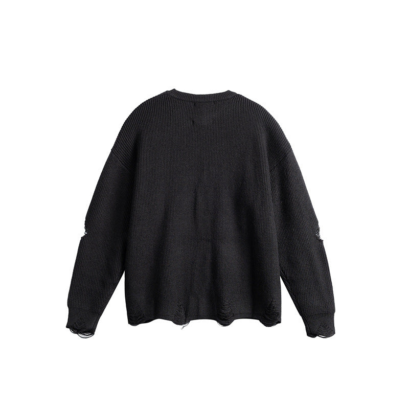 Unisex Oversize Strickpullover mit Destroyed Details und Statement Print Echoarchiv