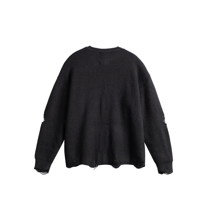 Unisex Oversize Strickpullover mit Destroyed Details und Statement Print Echoarchiv