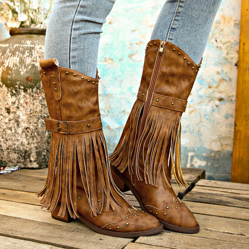 Damen nan Westernstiefel mit Fransen Nieten und Schnallenriemen Echo Archiv