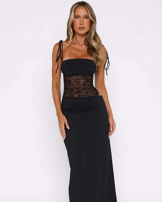 Damen nan elegantes Maxikleid mit transparentem Spitzenmieder Bandeau-Oberteil und Bindeträgern Echo Archiv