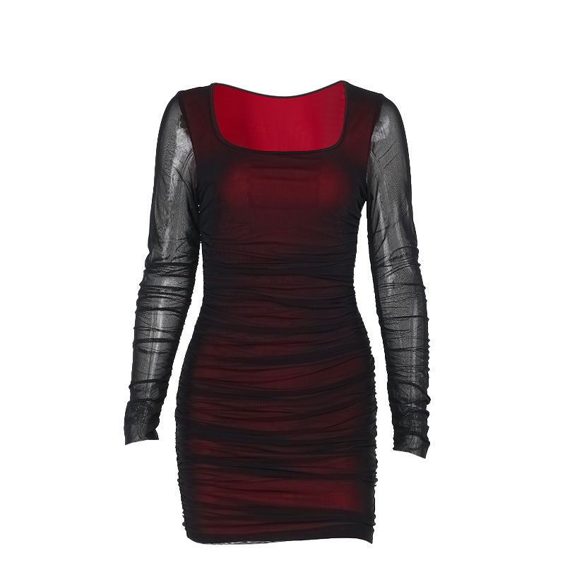 Damen figurbetontes Minikleid mit transparenten langärmeligen Einsätzen und Rüschendetails Echo Archiv