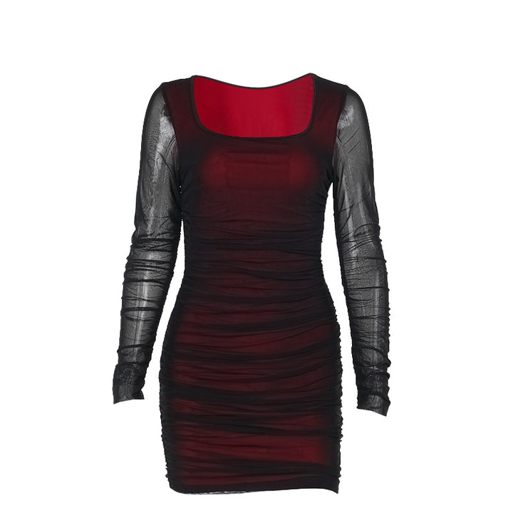 Damen figurbetontes Minikleid mit transparenten langärmeligen Einsätzen und Rüschendetails Echo Archiv