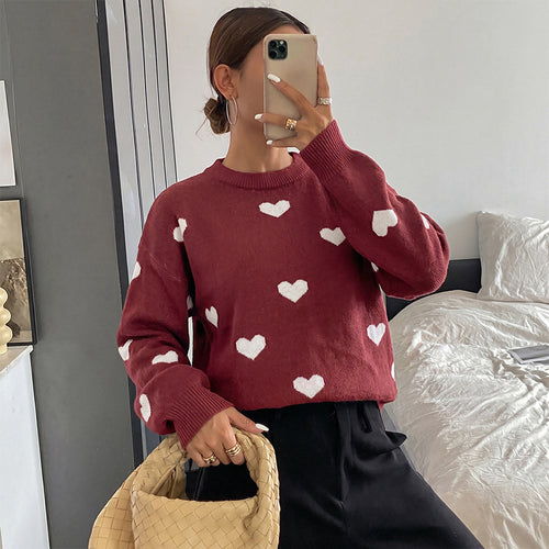 Damen Grobstrick-Pullover mit Herzintarsien und klassischem Rundhalsausschnitt – Mavelle