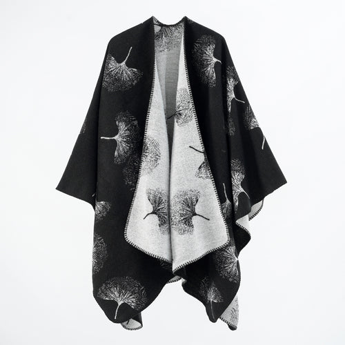 Damen Reversibler Wollmix‑Poncho mit Pusteblumen‑Jacquard und feiner Kettelkante – Veloura