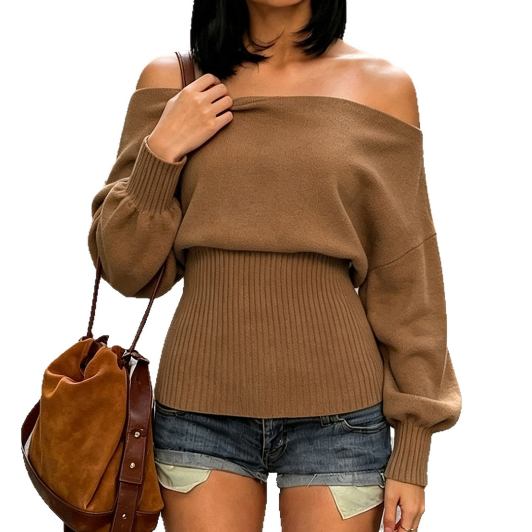 Damen Oversize schulterfreier Pullover mit breitem Rippbund und Ballonärmeln Echo Archiv