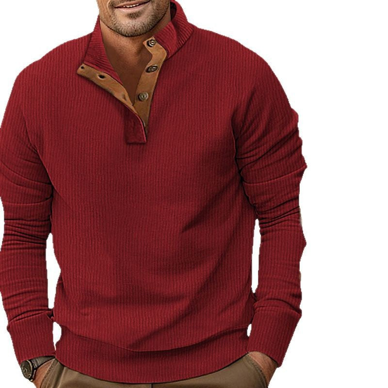 Herren nan geripptes Henley-Langarmshirt mit Stehkragen und Leder-Ellbogenpatches Echo Archiv