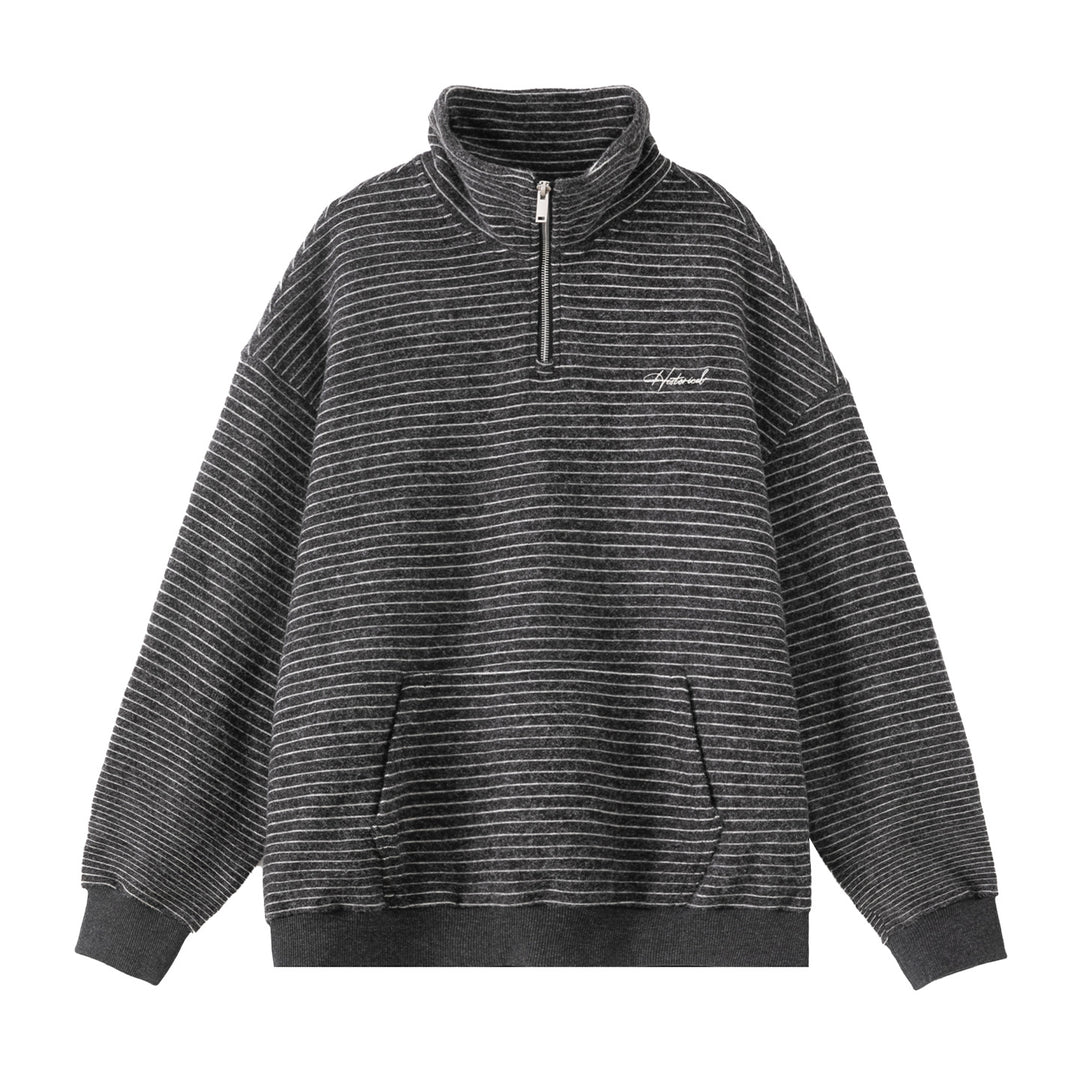 Unisex Oversize-Halbzip-Sweatshirt im feinen Streifen-Frottée mit Stehkragen und Kängurutasche Echo Archiv