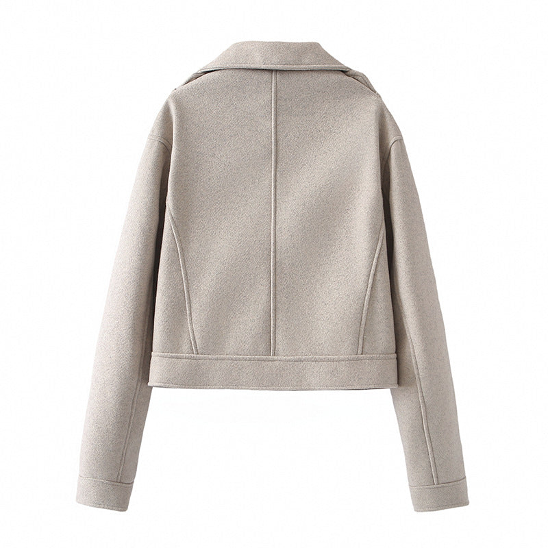 Damen cropped Wollmix-Bikerjacke mit asymmetrischem Reißverschluss und großem Schalkragen – Célinea