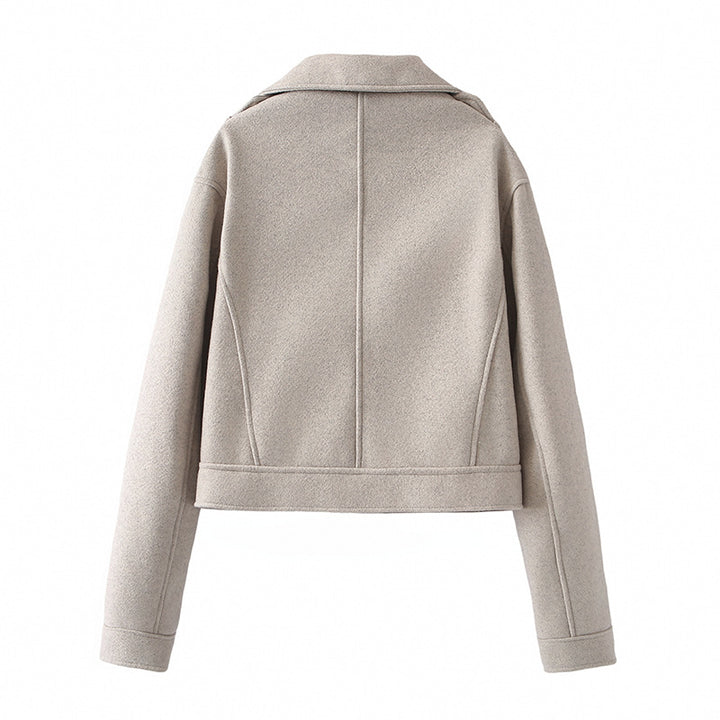 Damen cropped Wollmix-Bikerjacke mit asymmetrischem Reißverschluss und großem Schalkragen – Célinea