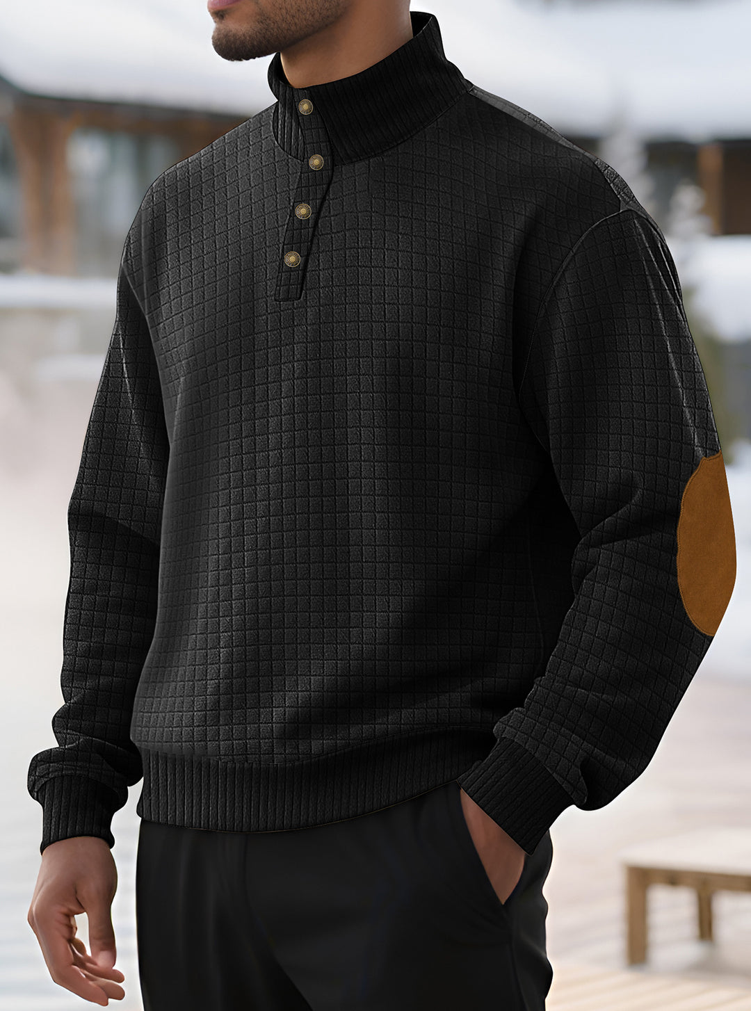 Herren modischer Stehkragenpullover mit strukturiertem Gewebe und Knopfverschluss Echoarchiv