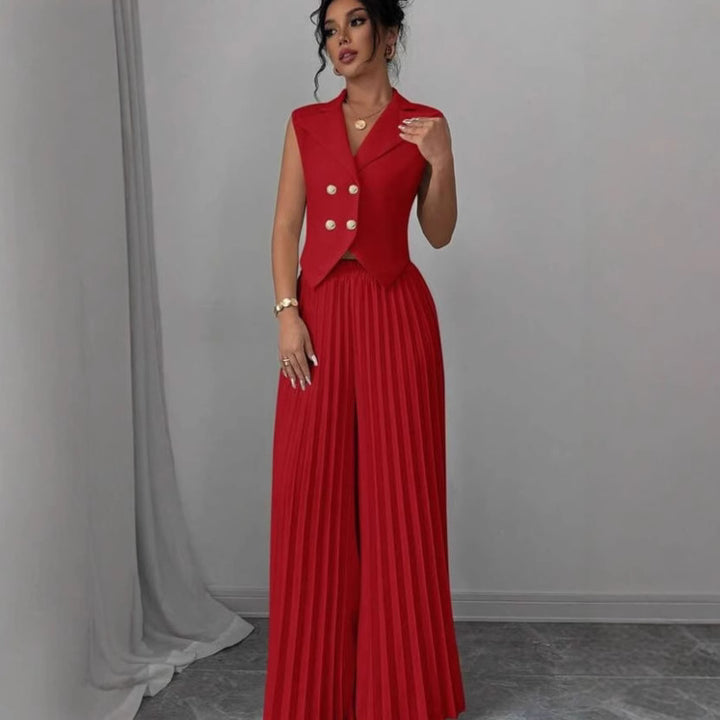 Damen Ärmelloses Weste-Blazer-Top mit Revers und plissierter Palazzo-Hose Zweiteiliges Abendset – Valéne